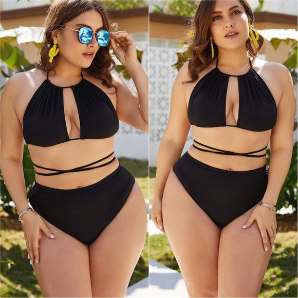 Curvy Flaunt & Flow Tied Back Bikini - Black - Picture 1 of 6